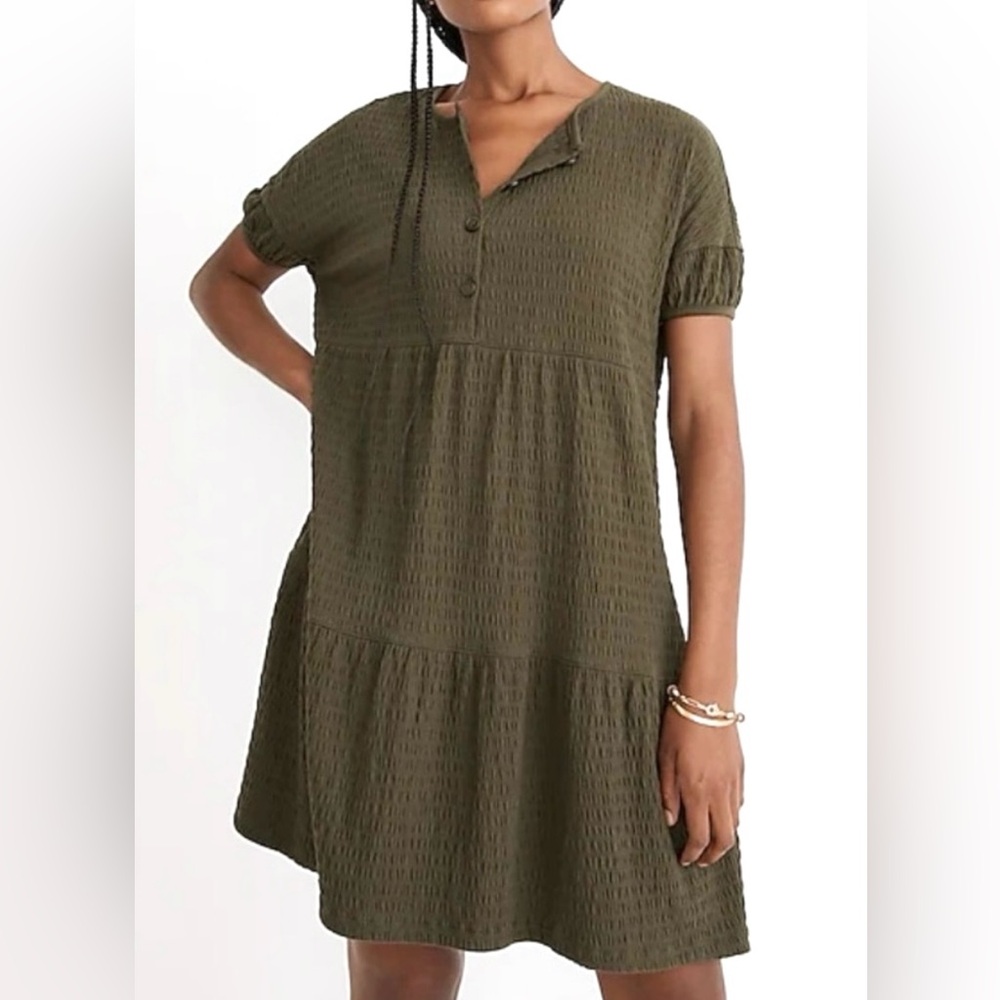 NWT Madewell Tiered Cotton Dress Crinkle Knit Henley Oversized Green Comfy M